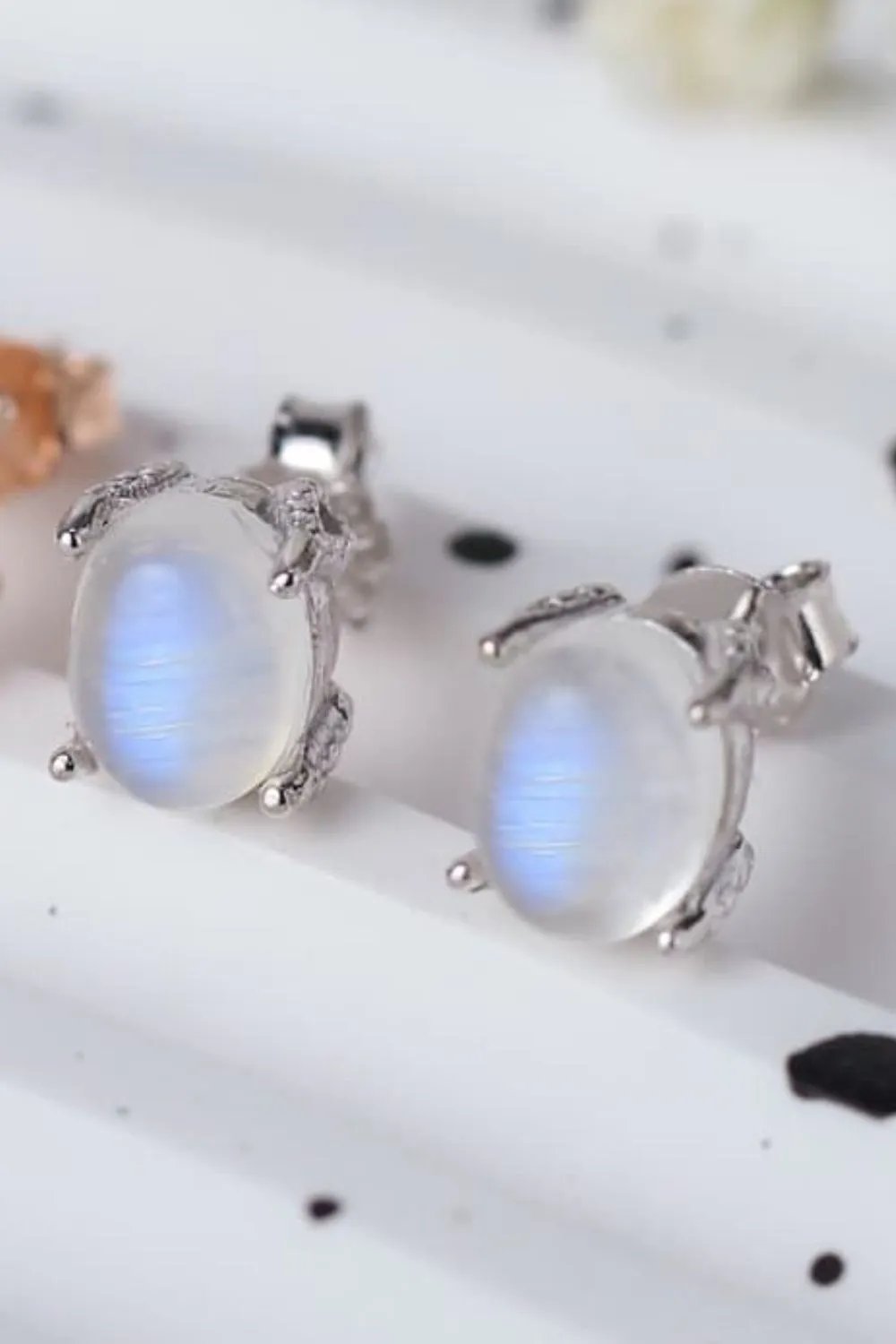 Natural Moonstone Stud Earrings – S925 Sterling Silver with Platinum & Rose Gold Plating