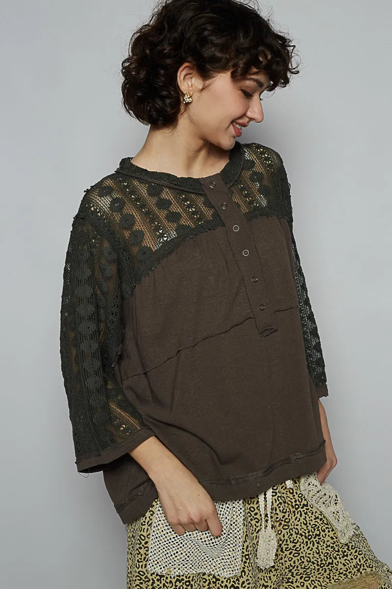 POL Lace Patchwork Button Front T-Shirt