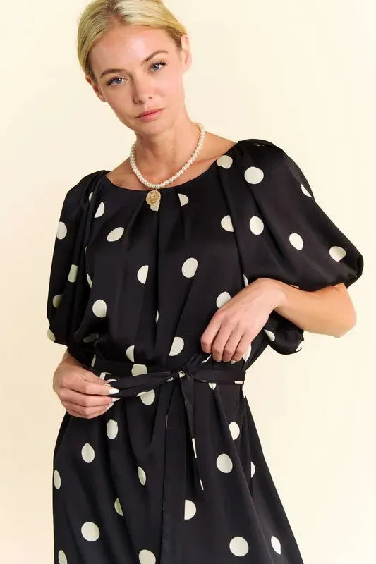 Polka Dot Puff Sleeve Waist Tie Midi Dress – A Timeless Feminine Staple