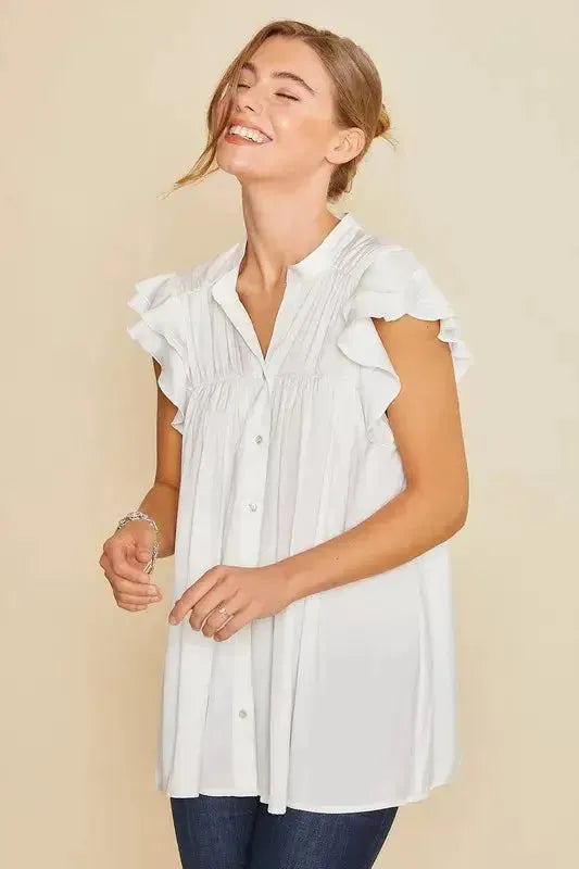 Ruffle Sleeve Shirred Flowy Woven Tunic Shirt in White – Feminine Frill & Effortless Elegance