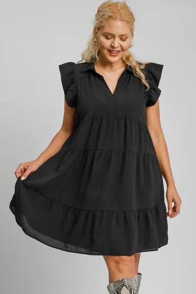 Shop the Stylish Collar Ruffle Cap Sleeve Tiered Black Dress for Any Occasion