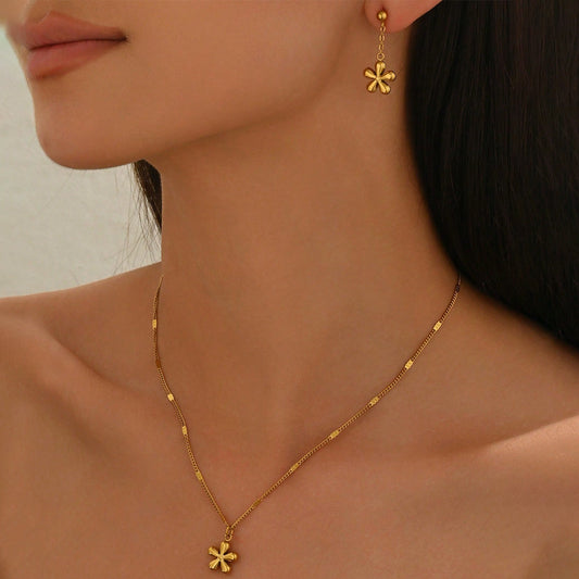 Flower Necklace Earrings Set – Polished Stainless Steel, Nickel Free, Mirror Finish Jewelry