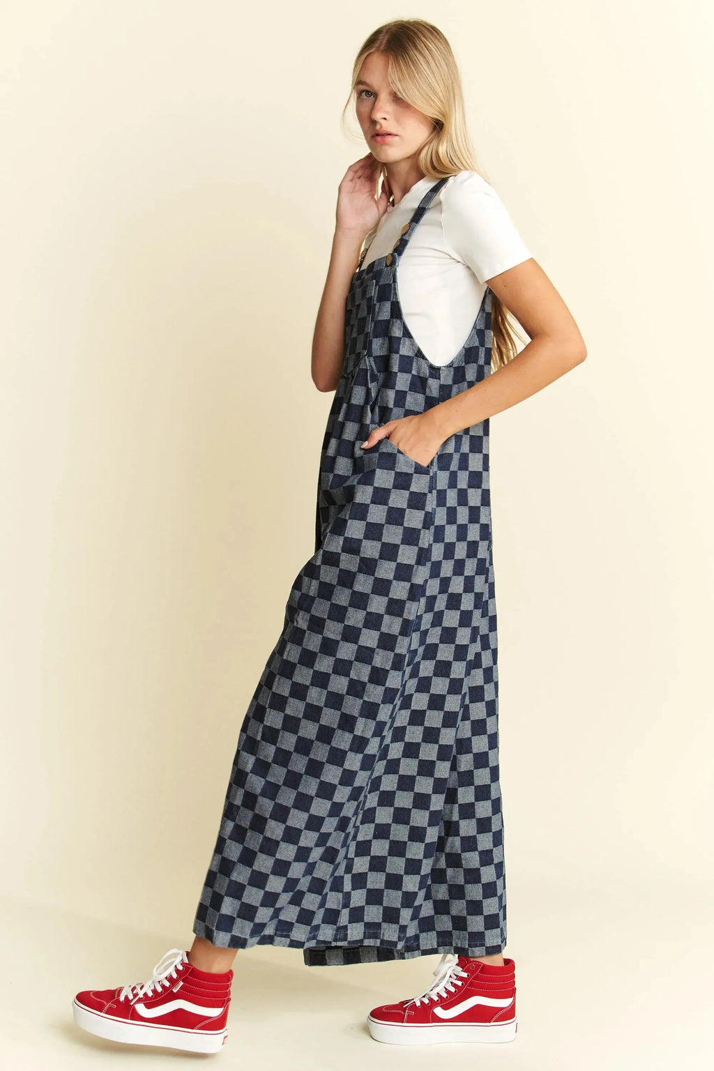 Jade By Jane Denim Checkered Jumpsuit Jewelry Bubble