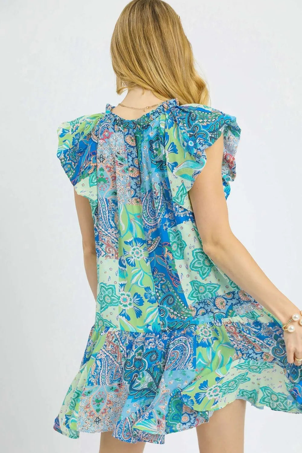 Umgee Printed Ruffle Cap Sleeve Mini Dress