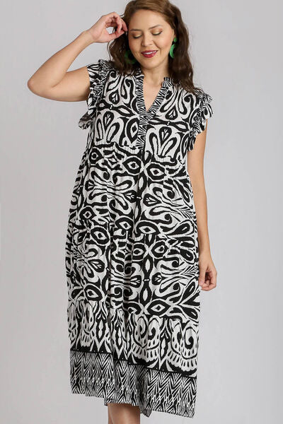 Two Tone Border Print Ruffle Cap Sleeve Midi Dress Trendsi