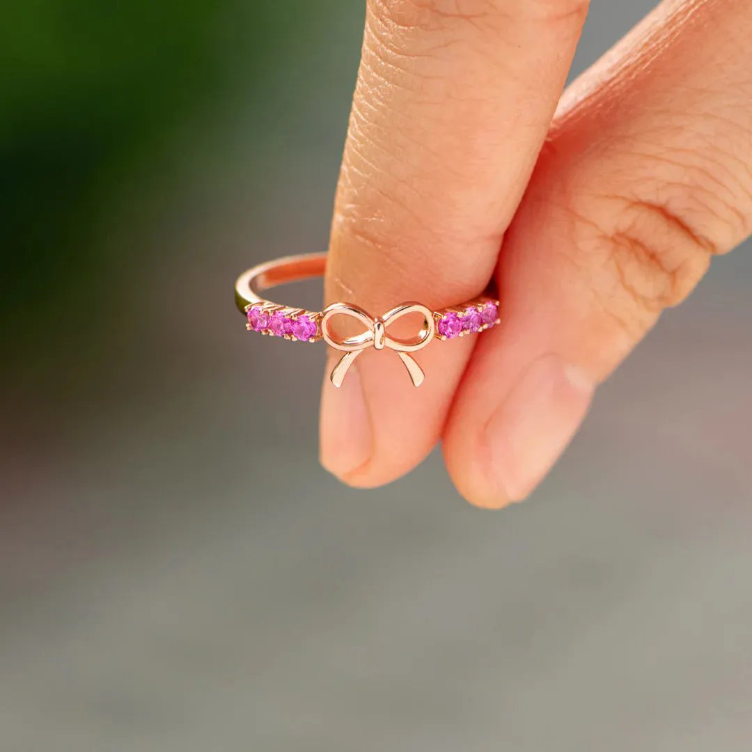 18K Rose Gold Plated Bow Ring with Hot Pink Cubic Zirconia - 925 Sterling Silver Dainty Promise Ring