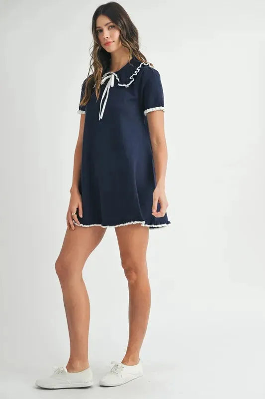 Ruffle Trimmed Collar Fine Knit Mini Dress – Sophisticated & Chic