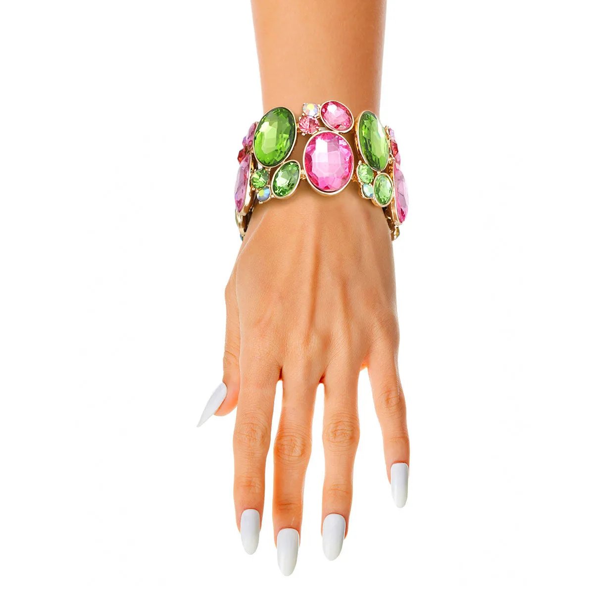 Gold Tone Crystal Bracelet – Pink Green Stretch | Statement Jewelry