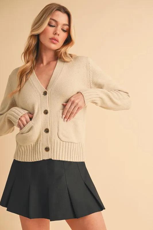 Ribbed Hem Button Down V-Neck Cardigan