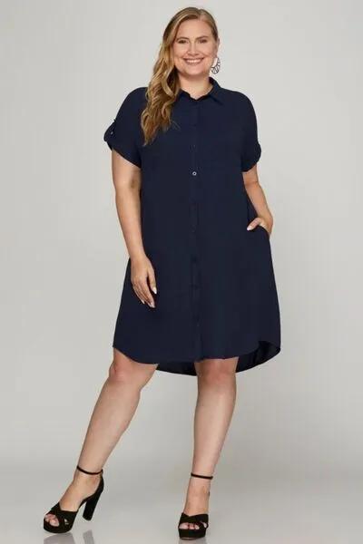 Button Down Short Sleeve Woven Shirt Dress