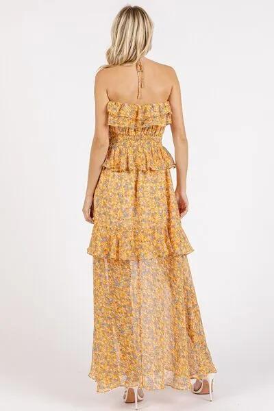 Flowy and Feminine: Ruffled Smocked Floral Halter Neck Maxi Dress