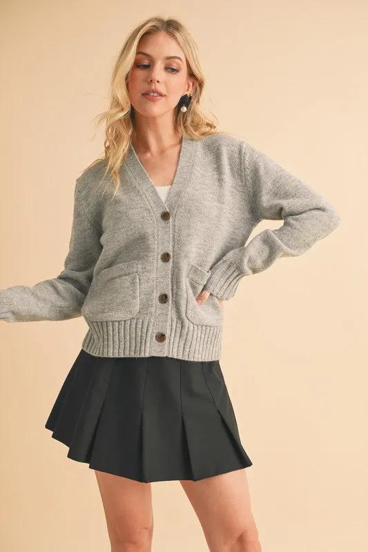 Ribbed Hem Button Down V-Neck Cardigan