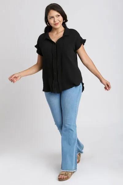 Black Frayed Hem Collared Neck Short Sleeve Shirt for Women - Shop Now