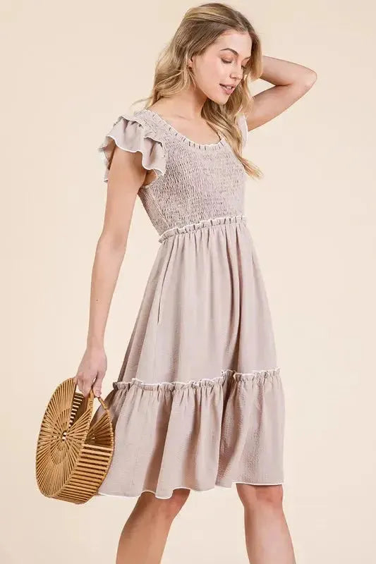 Make a Statement: Ruffle Trim Smocked Dress with Contrast Design in Taupe Color