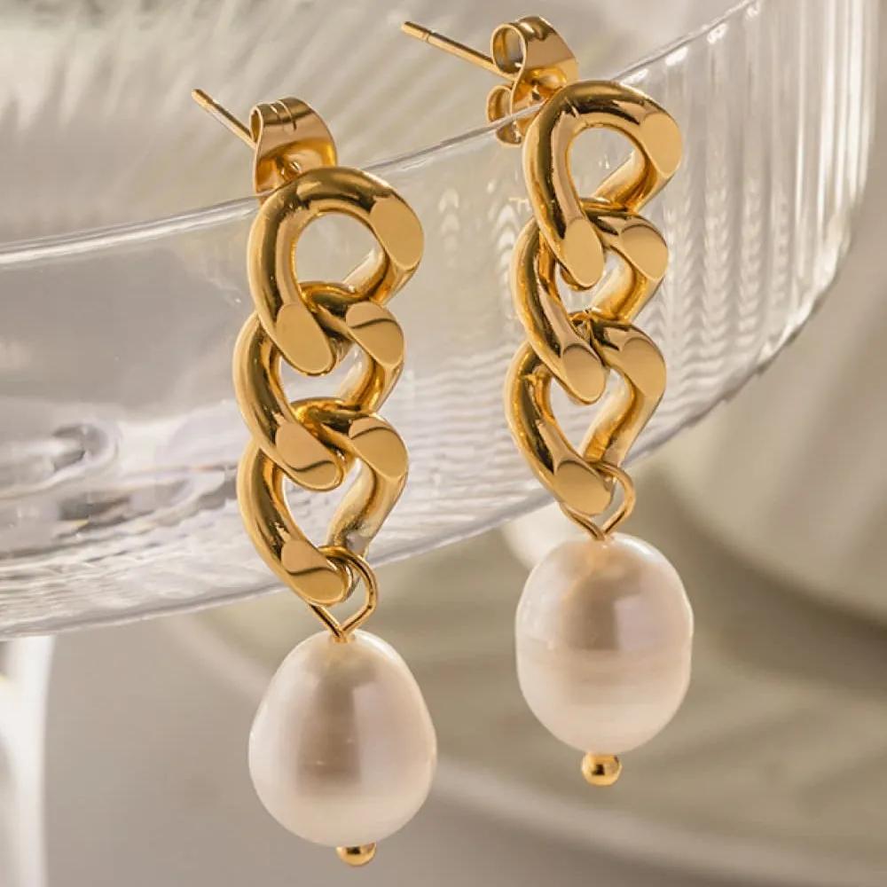 Freshwater Pearl Drop Earrings – 18K Gold-Plated Chain Link Statement Dangle Fashion Jewelry