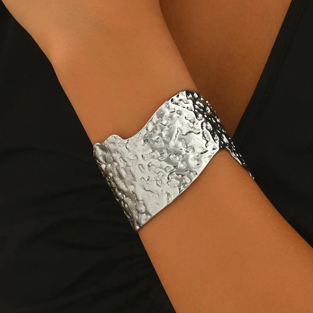 Handmade Hammered Stainless Steel Cuff Bracelet with Platinum Plating