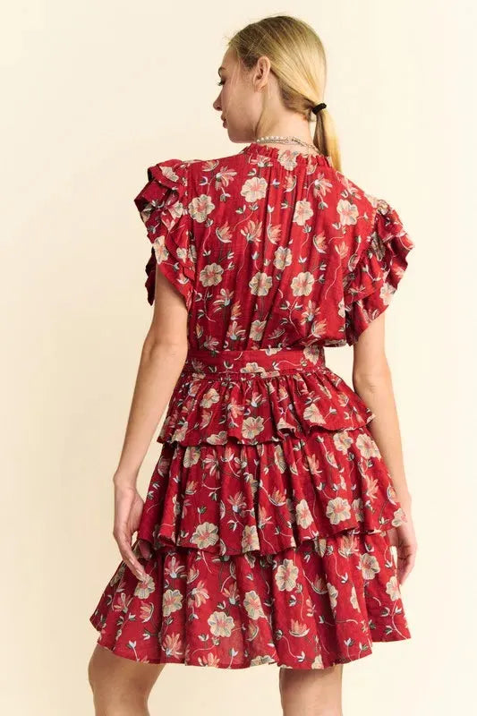 Ruffle Flutter Sleeve Tie Belt Tiered Mini Dress for Effortless Elegance