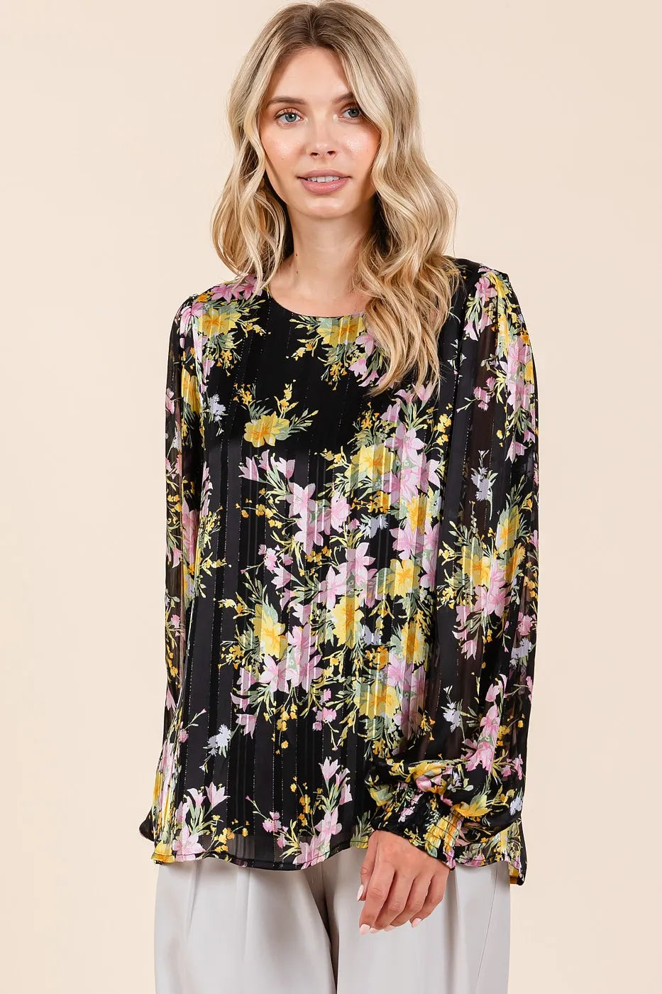 Satin Gold Lurex Striped Chiffon Top – Elegant Long Sleeve Blouse Jewelry Bubble