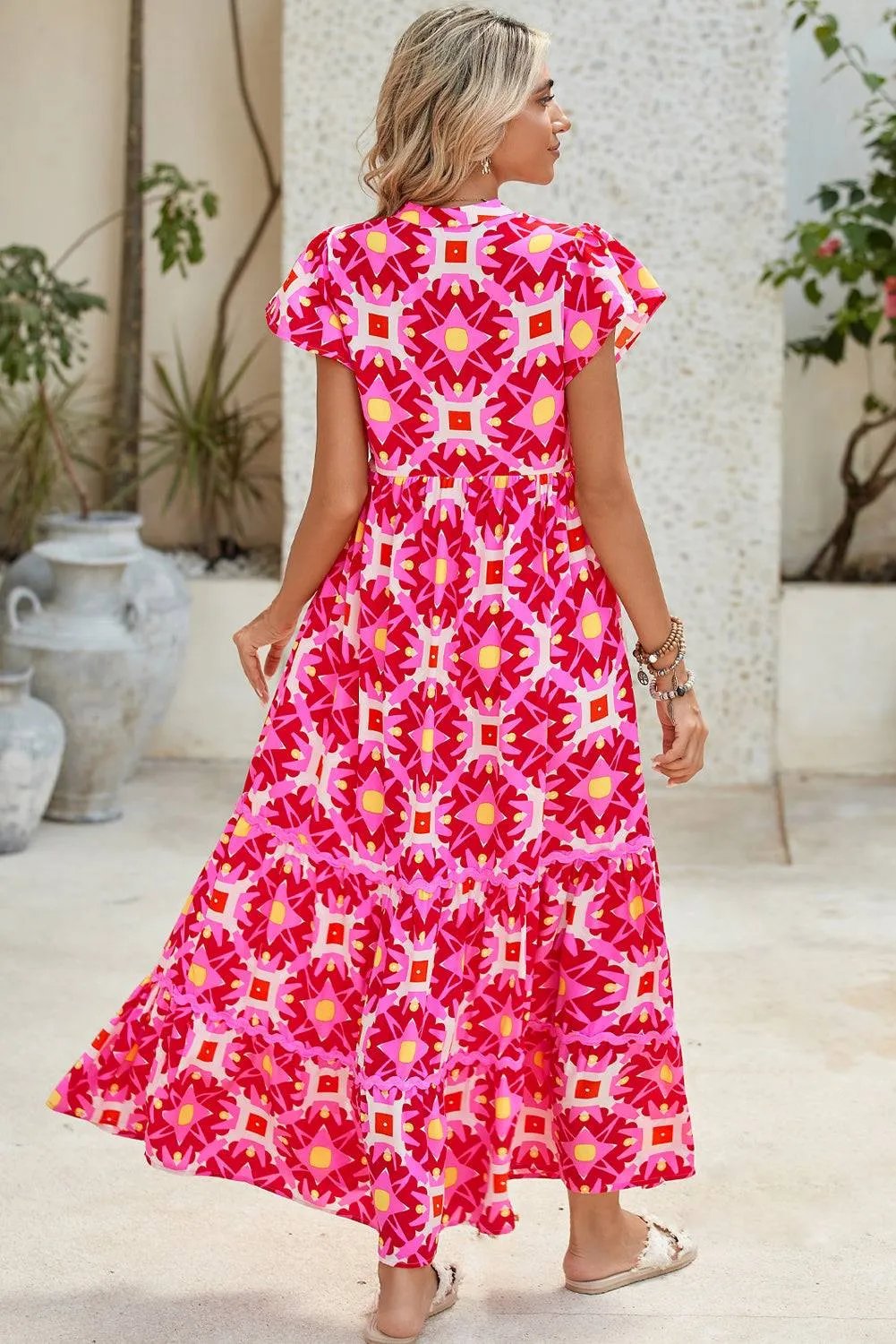 Abstract Print Maxi Dress – Vibrant Pink Boho Style with Flounce Sleeves & Pleated Detail