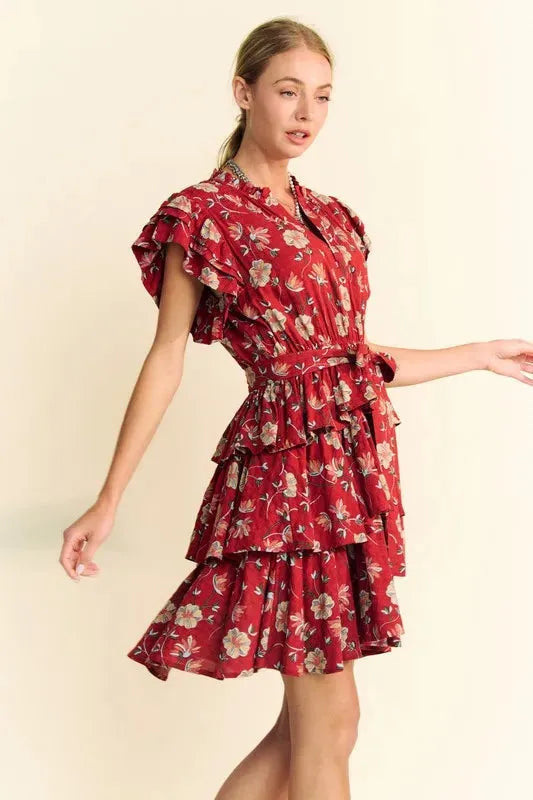 Ruffle Flutter Sleeve Tie Belt Tiered Mini Dress for Effortless Elegance