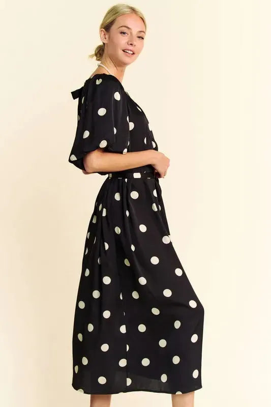 Polka Dot Puff Sleeve Waist Tie Midi Dress – A Timeless Feminine Staple