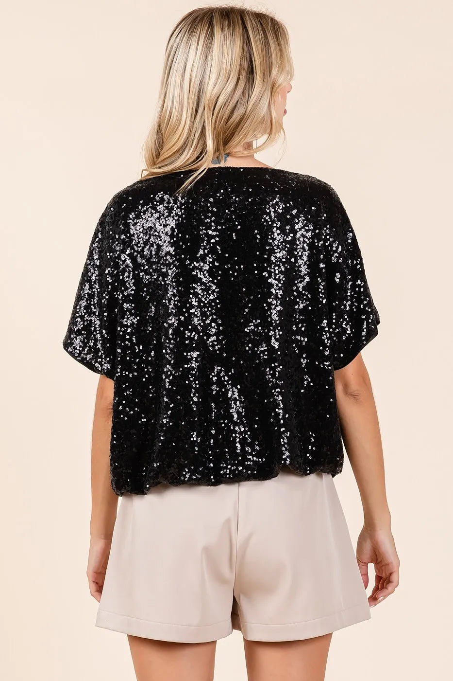 Sequin Short Sleeve Top with Elastic Band Hem – Sparkling Glamour Black Blouse Jewelry Bubble
