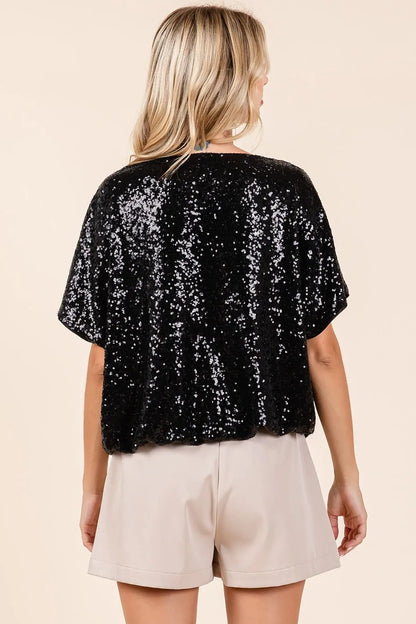 Sequin Short Sleeve Top with Elastic Band Hem – Sparkling Glamour Black Blouse Jewelry Bubble