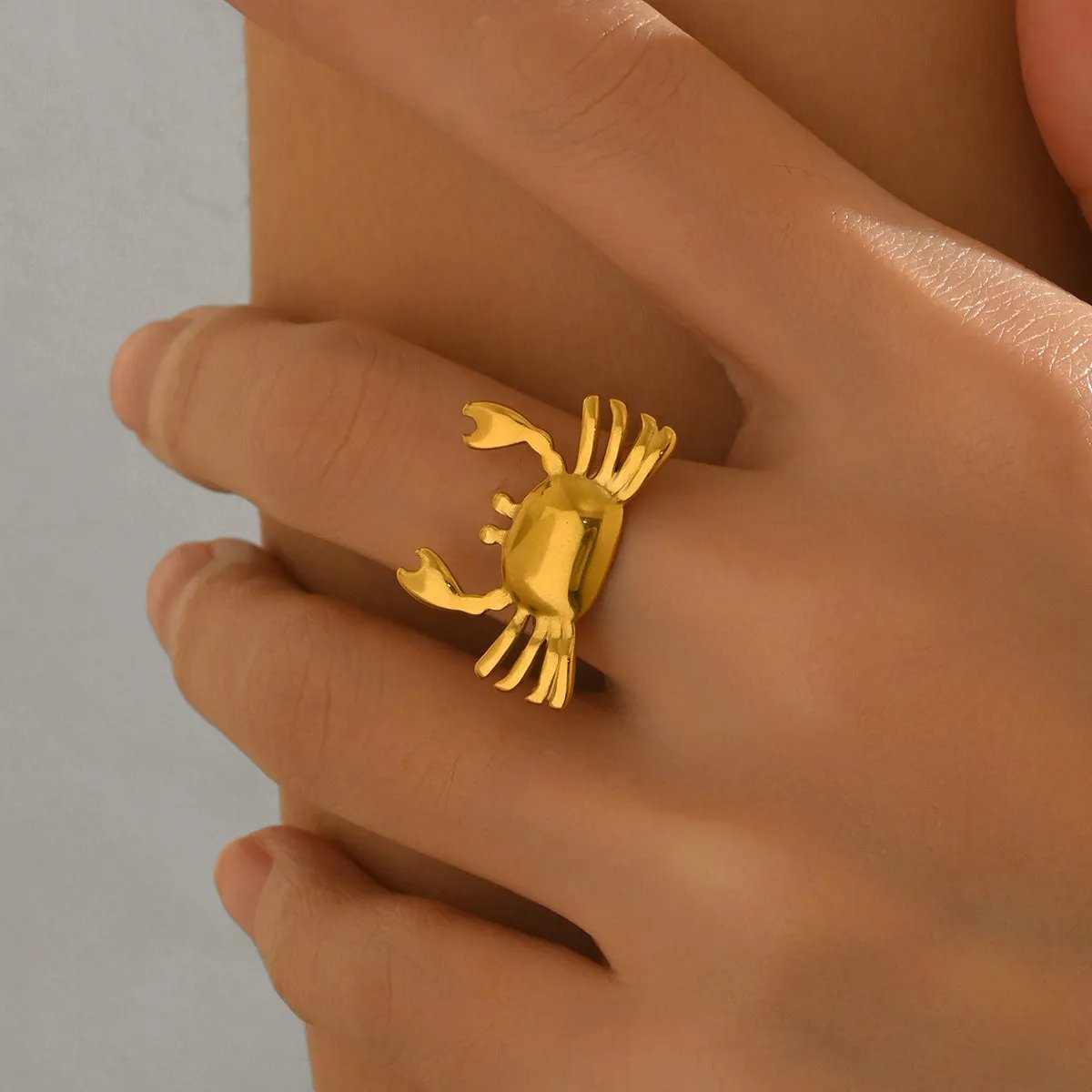 Handmade Crab Ring – Gold Adjustable Stainless Steel, Mirror Polish, Eco-Friendly