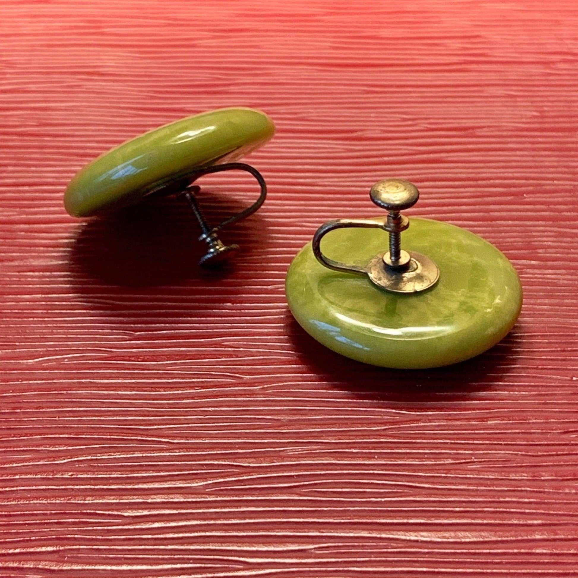 Bakelite Earrings, Vintage Round and Quite Large Green with Swirls