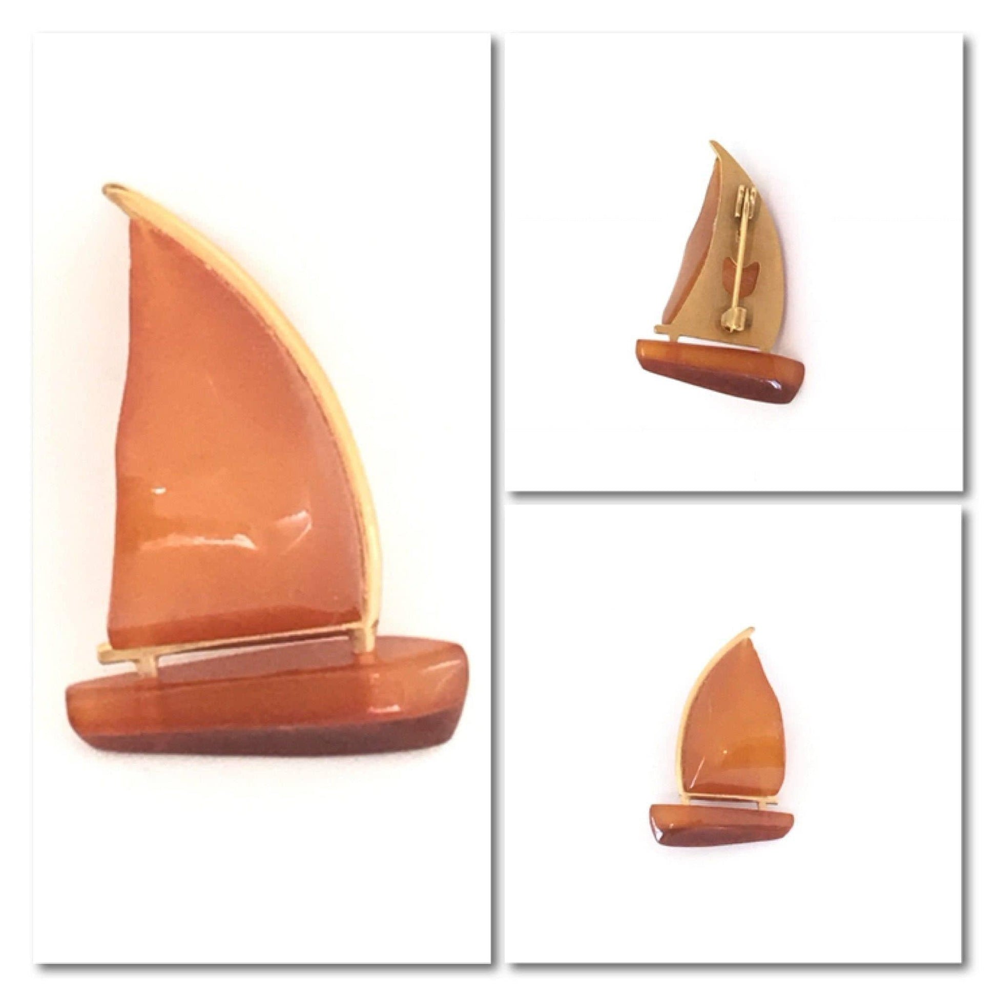 Baltic amber unique design sailboat vintage brooch