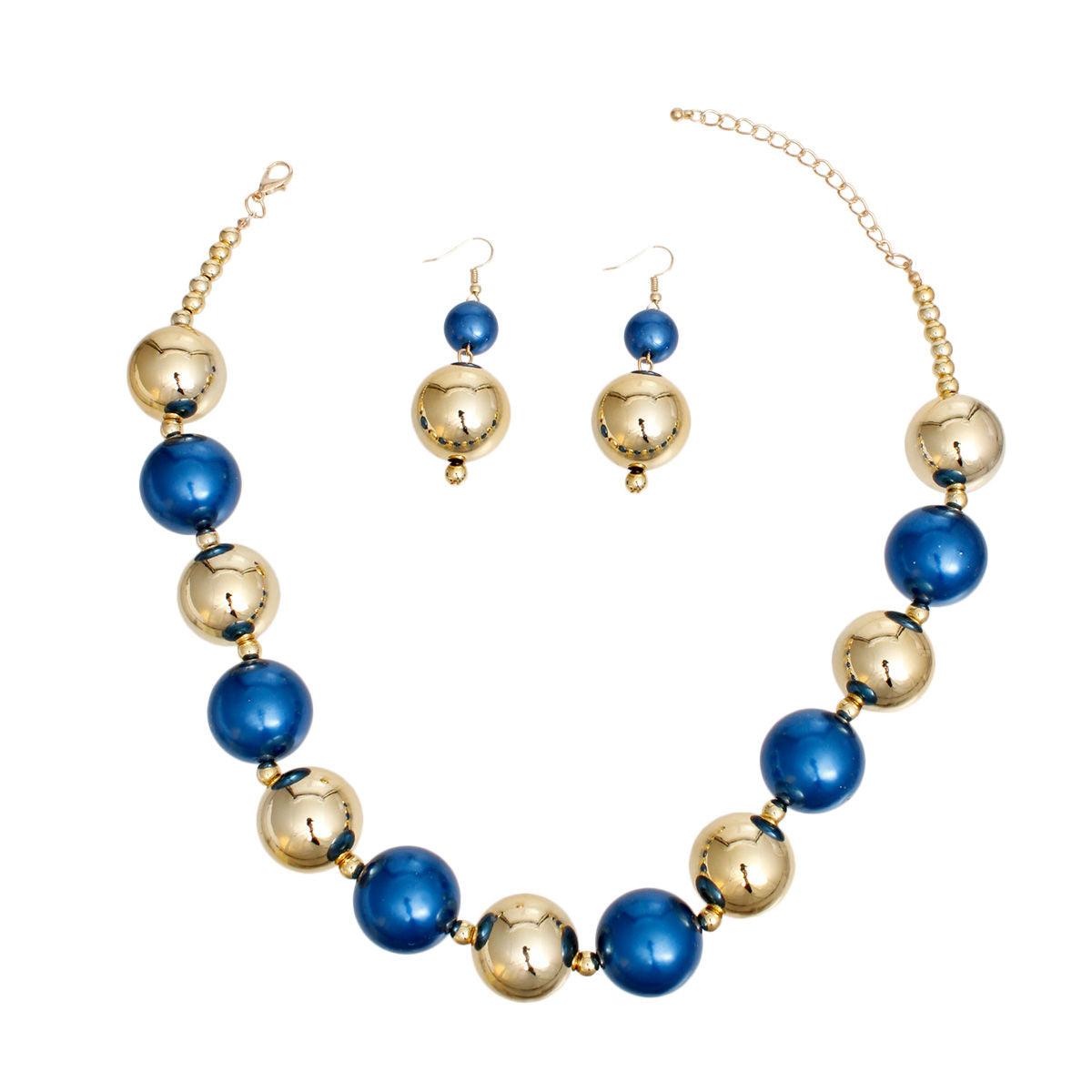 Bauble Pearl Blue Gold Necklace Earrings Set - Level Up Your Fashion Jewelry Collection