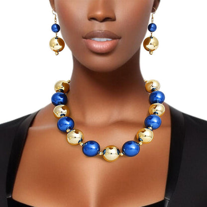 Bauble Pearl Blue Gold Necklace Earrings Set - Level Up Your Fashion Jewelry Collection