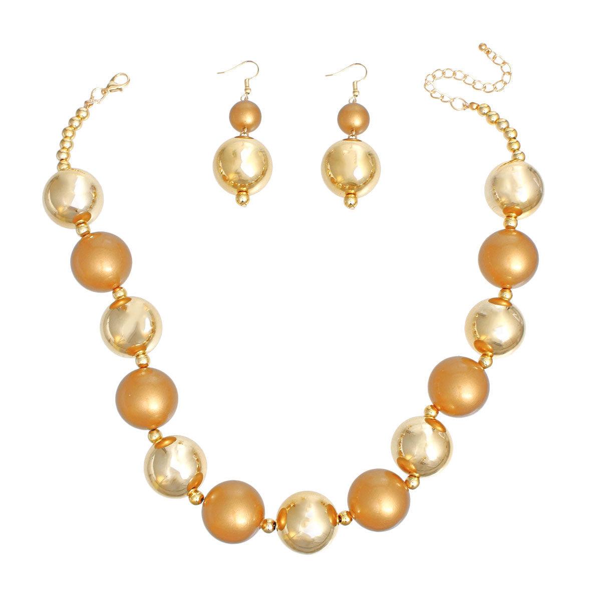 Bauble Pearl Bronze Gold Necklace Earrings Set - Level Up Your Fashion Jewelry Collection