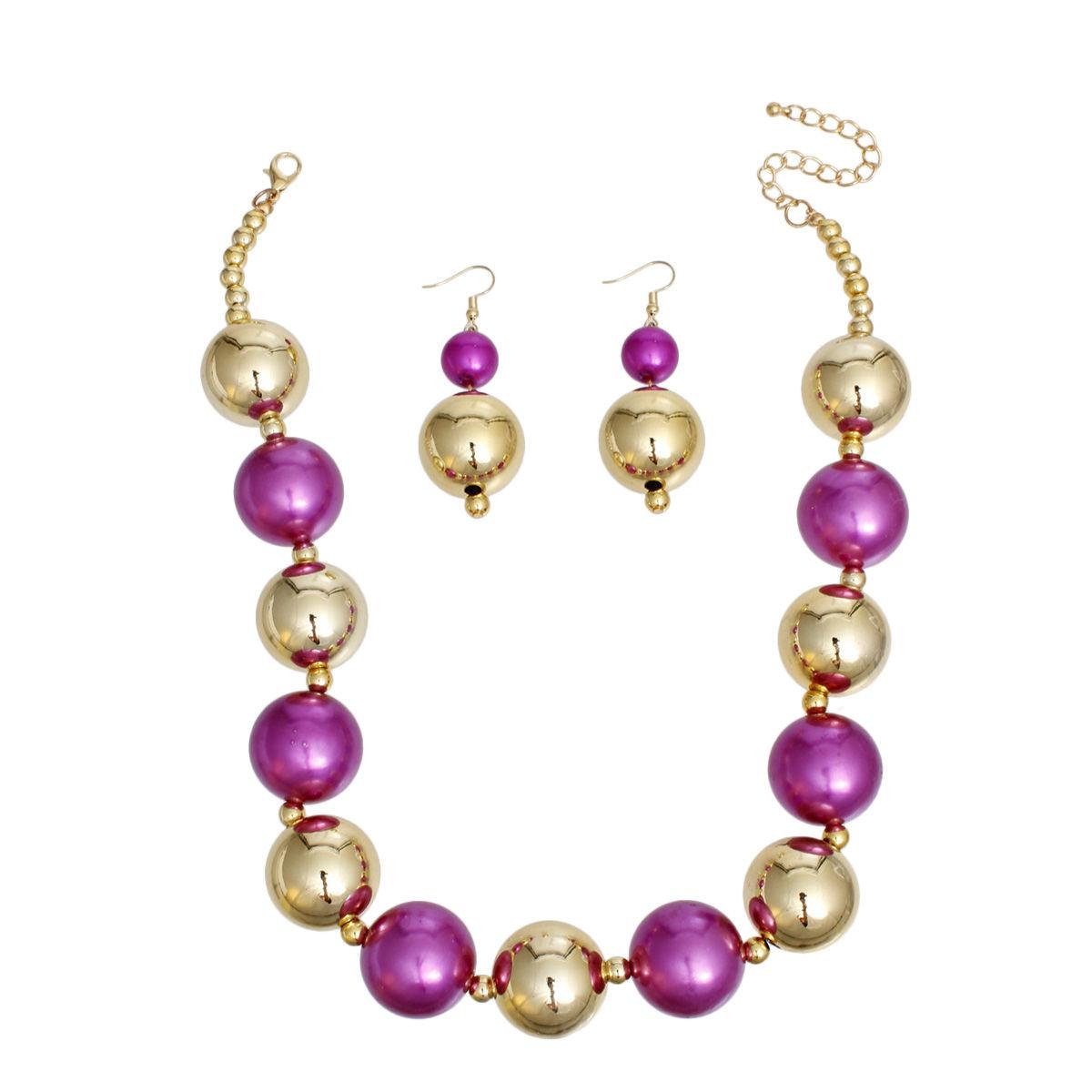 Bauble Pearl Fuchsia Gold Necklace Earrings Set - Level Up Your Fashion Jewelry Collection