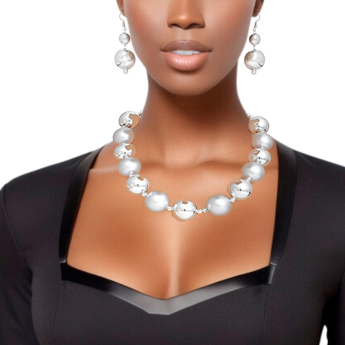 Bauble Pearl Gray Silver Necklace Earrings Set - Level Up Your Fashion Jewelry Collection