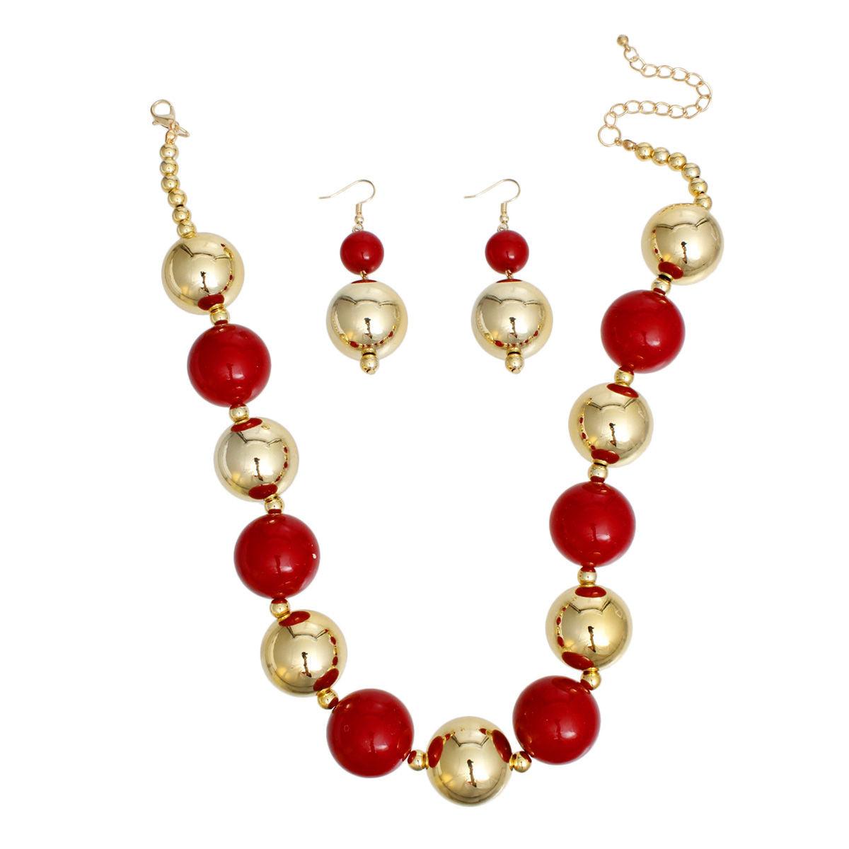 Bauble Pearl Red Gold Necklace Earrings Set - Level Up Your Fashion Jewelry Collection