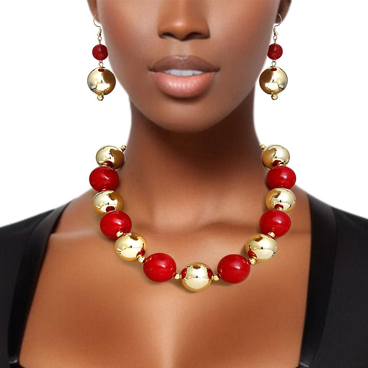 Bauble Pearl Red Gold Necklace Earrings Set - Level Up Your Fashion Jewelry Collection