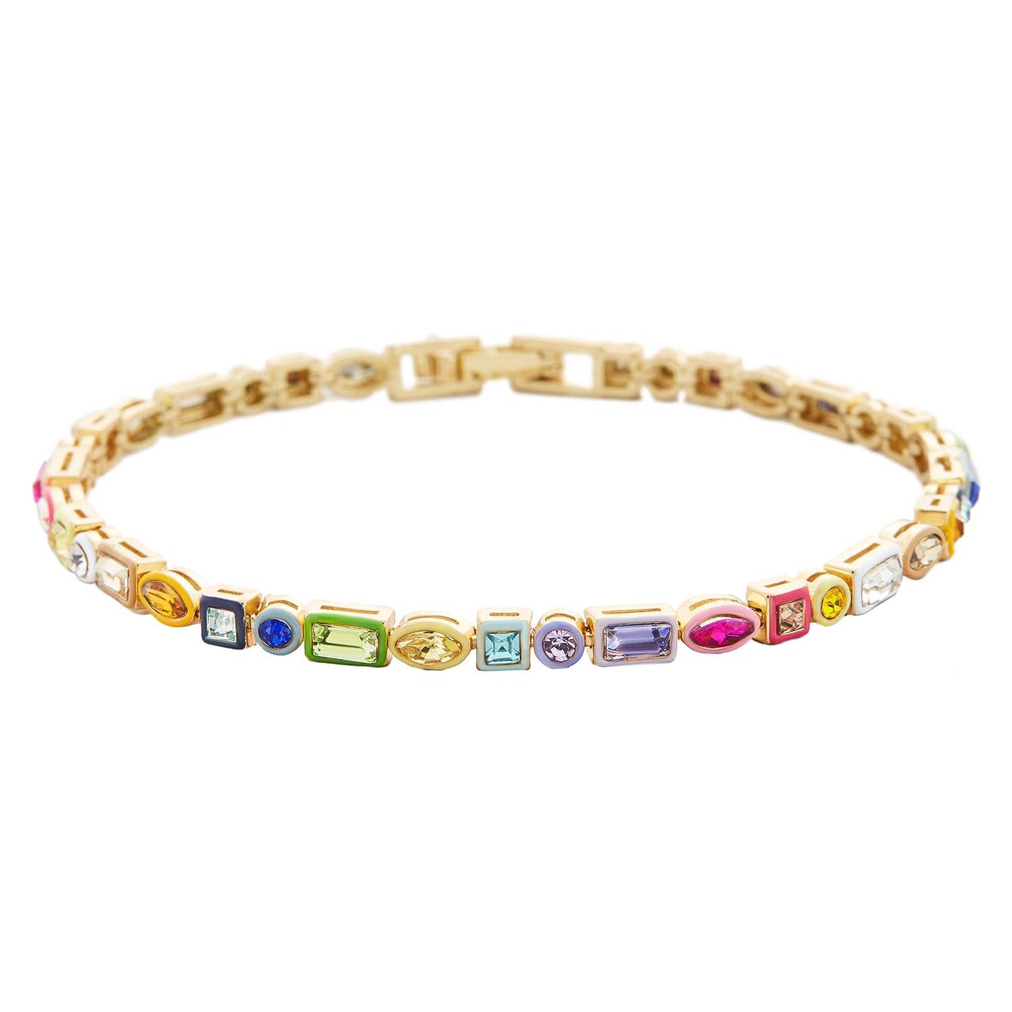 BaubleBar Kayden Gold Bracelet for Women - Trendy, Chic, Mixed-Shape, Hypoallergenic Gold Plated Brass Tennis Bracelet Embellished with Cubic Zirconia Stones, Stacking Bracelet, Rainbow, 7.15"