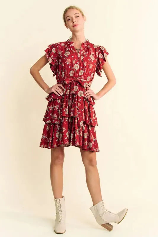 Ruffle Flutter Sleeve Tie Belt Tiered Mini Dress for Effortless Elegance