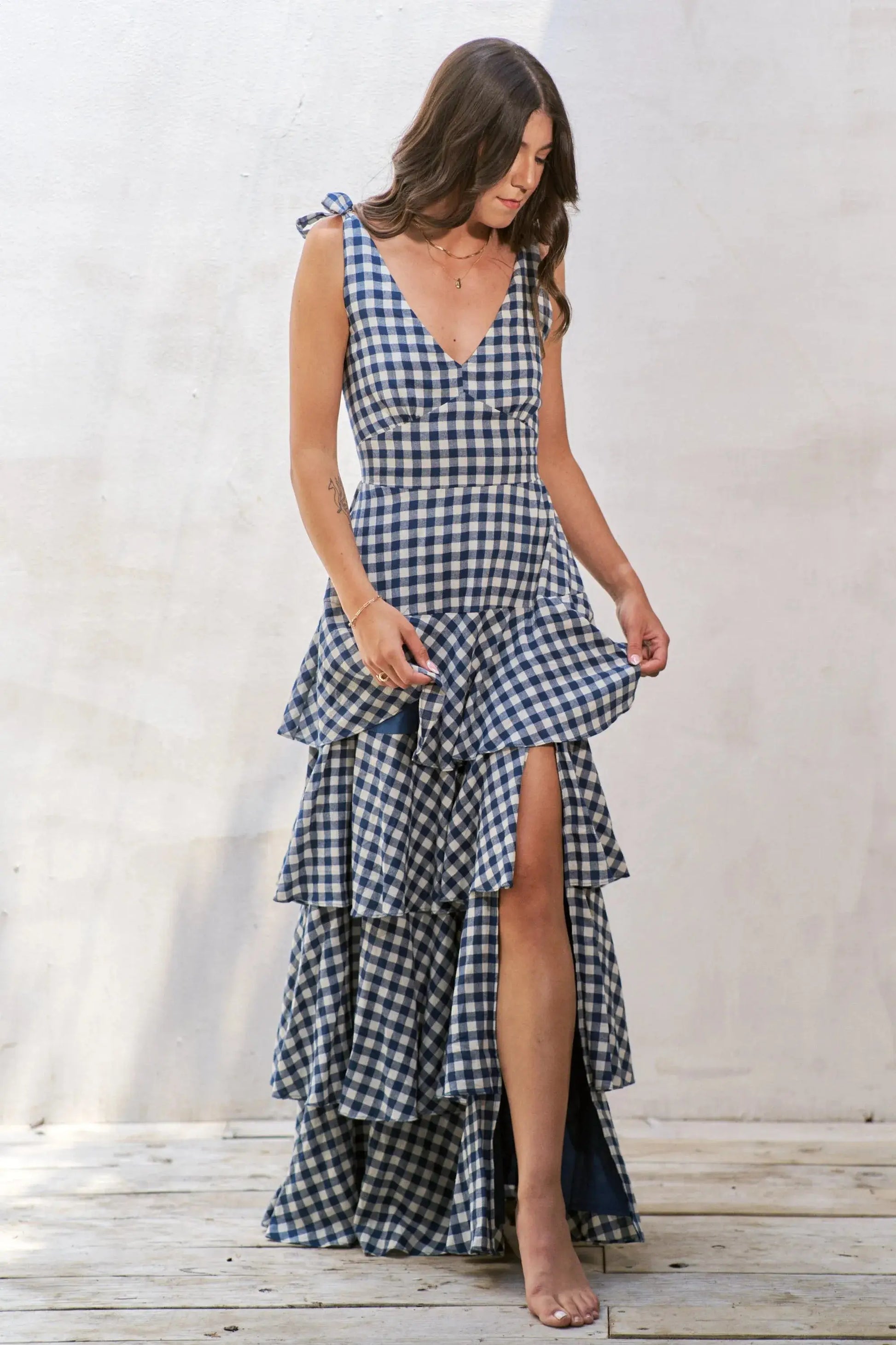 Jade By Jane Gingham Tiered Maxi Dress Jewelry Bubble