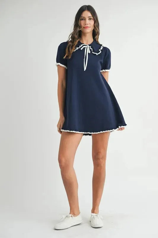 Ruffle Trimmed Collar Fine Knit Mini Dress – Sophisticated & Chic