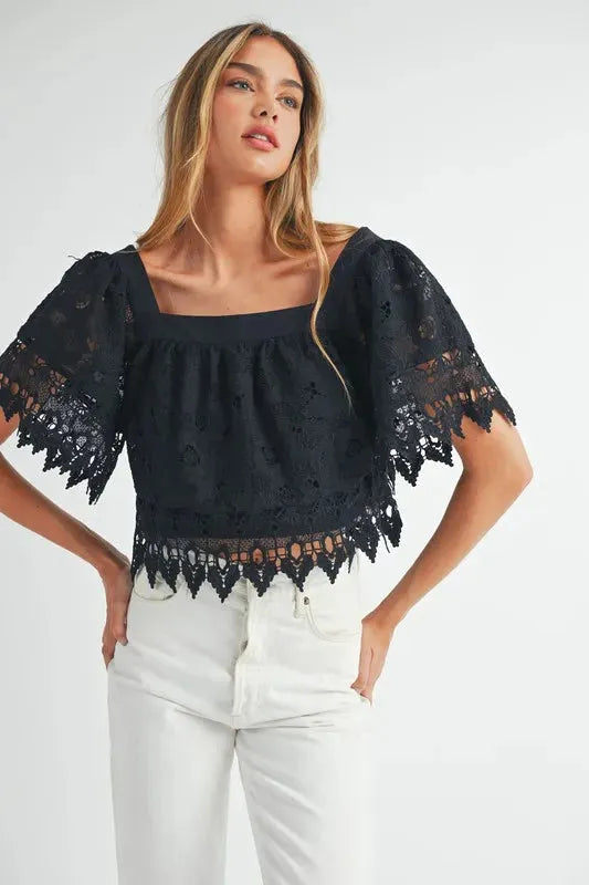 Romantic Square Neck Crochet Lace Top with Double Bow Tie