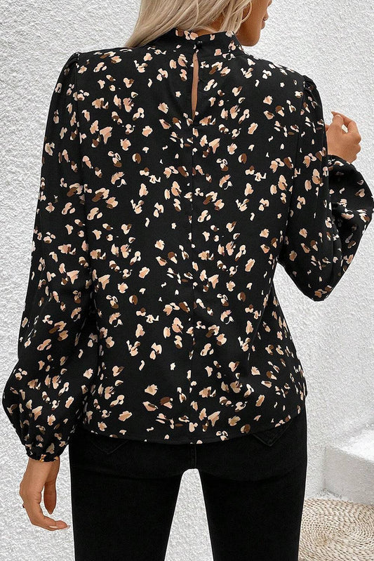 Leopard Print Puff Sleeve Mock Neck Blouse with Pleated Detail – Black or White Shewin