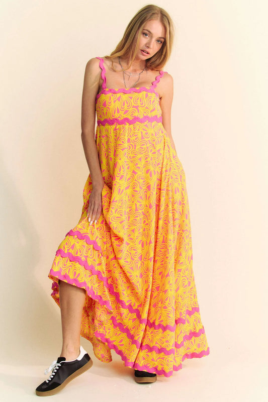 Davi & Dani Geo 2 Tone Printed Wavi Trim Tiered Maxi Dress Trendsi