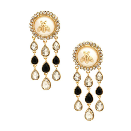 Bee Stud Linked Clear/Black Droplet Dangle Earrings Gold Plated