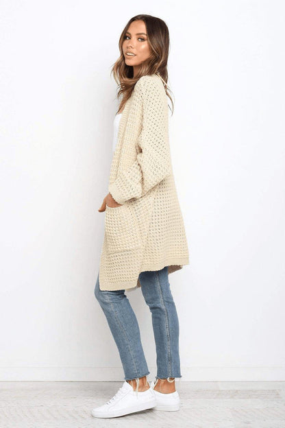 Beige Long Line Open Front Knitted Cardigan With Pockets