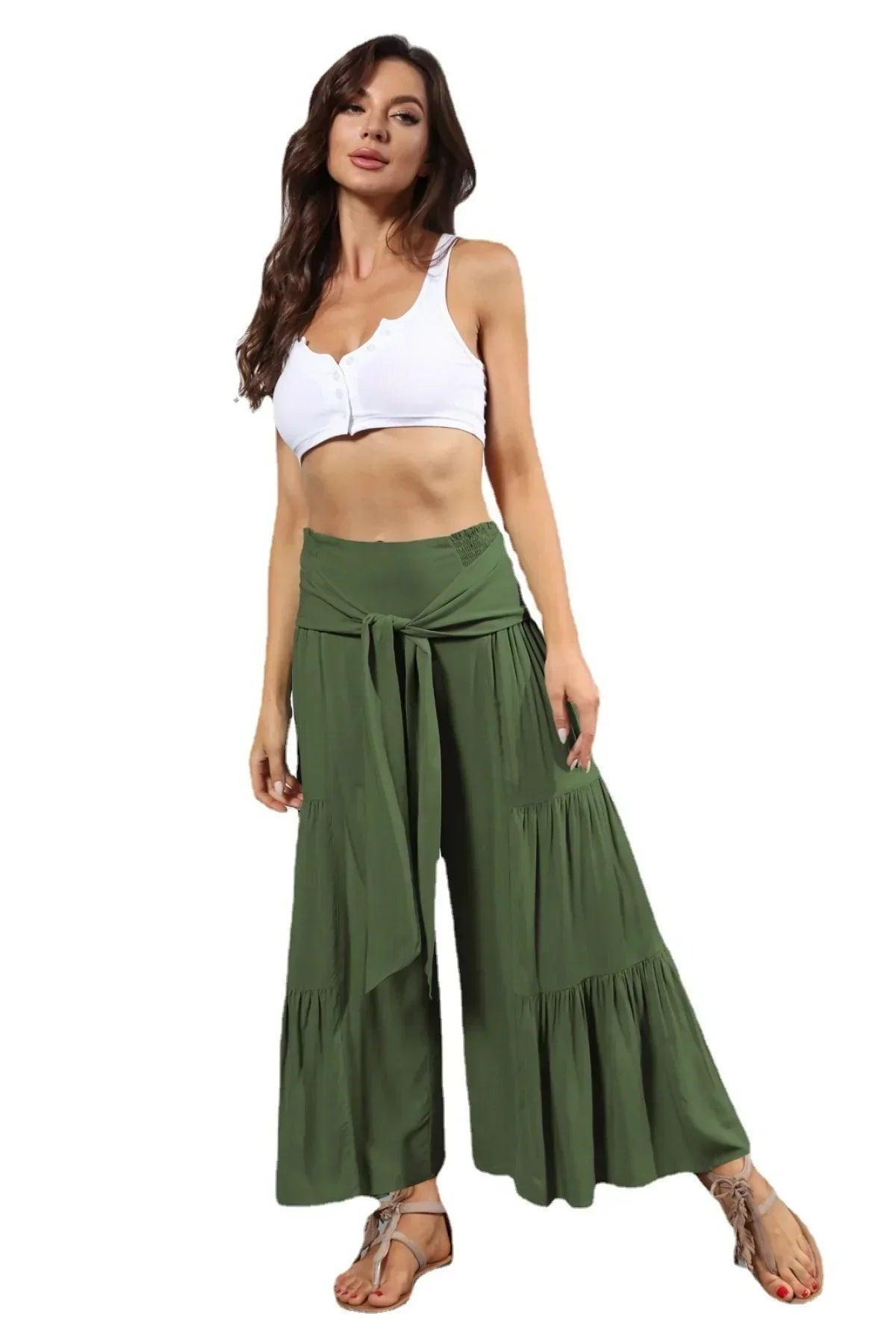 Belted Pleated Solid Wide Leg Pants