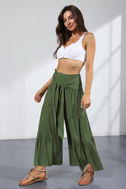 Belted Pleated Solid Wide Leg Pants