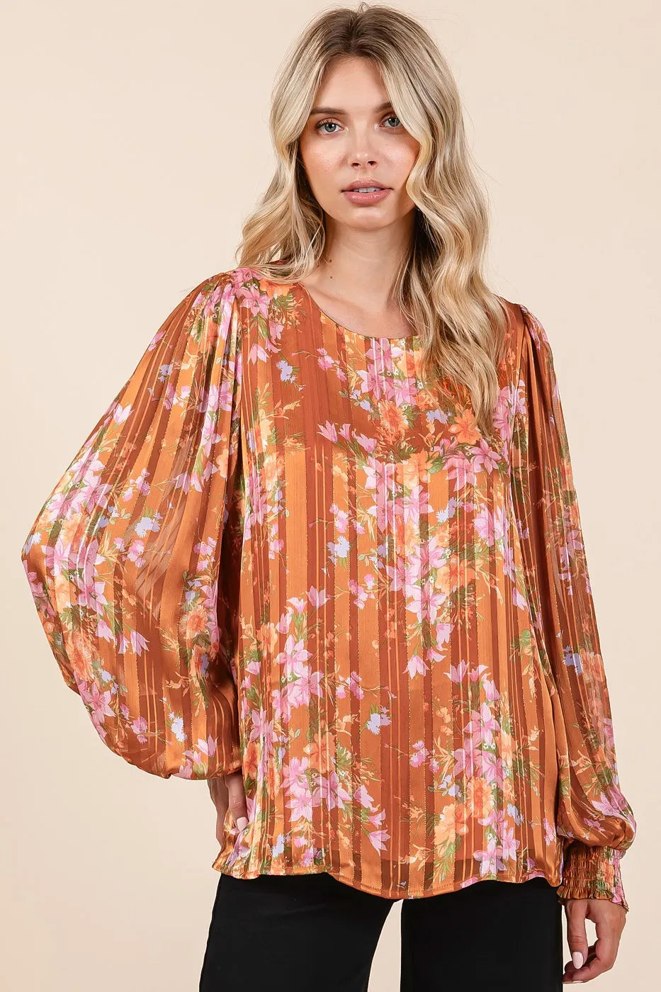 Satin Gold Lurex Striped Chiffon Top – Shimmery Long Sleeve Elegance Jewelry Bubble