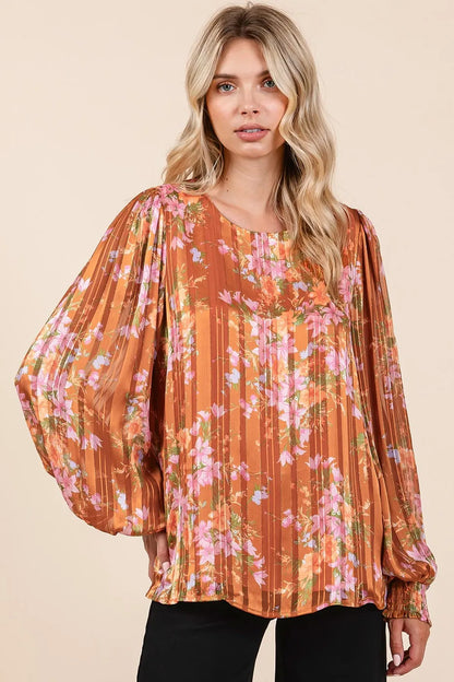 Satin Gold Lurex Striped Chiffon Top – Shimmery Long Sleeve Elegance Jewelry Bubble